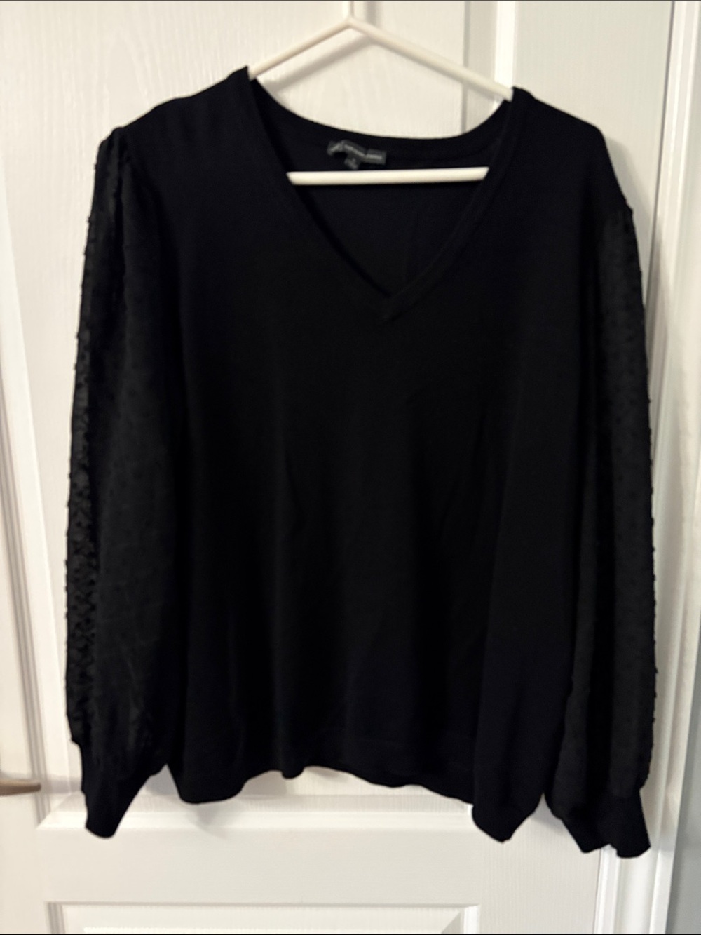 Adrianna Papell Black V-Neck Sweater with Sheer Dot Sleeves